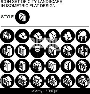 City landscape icon set in isometric flat design with black lines, white fills on a circle of black line and black fill background. Stock Vector