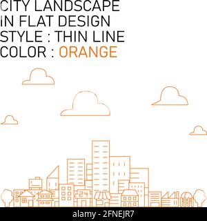city landscape in flat design with orange thin lines, white fills. Stock Vector
