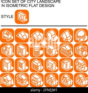 City landscape icon set in isometric flat design with orange lines, white fills, white outline, shape of a shadow colored white on a round square of o Stock Vector
