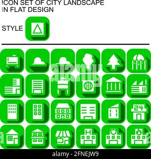 City landscape icon set in flat design with green lines, white fills, green outline, flat shadow on a round square of green line and green fill backgr Stock Vector