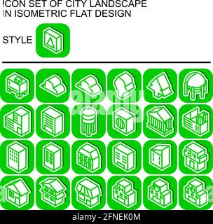 City landscape icon set in isometric flat design with green lines, white fills, white outline, drop shadow on a round square of green line and green f Stock Vector
