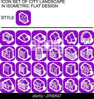 City landscape icon set in isometric flat design with white lines, purple fills, white outline, shape of a shadow of the white on a round square of pu Stock Vector