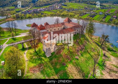 An aerial shot of Svirzh Castle in Stock Photo