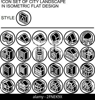 City landscape icon set in isometric flat design with white lines, black fills, black outline, on a circle of black line and white fill background. Stock Vector