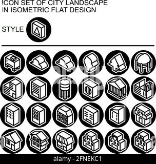 City landscape icon set in isometric flat design with black lines, white fills, white outline, on a circle of black line and black fill background. Stock Vector