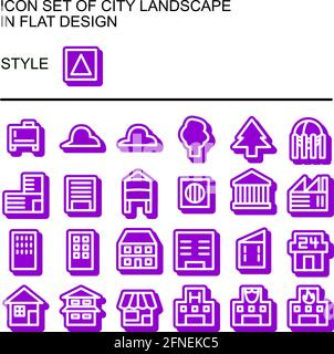 City landscape icon set in flat design with white lines, purple fills, purple outline. Stock Vector