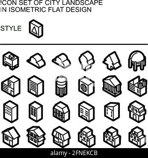 City landscape icon set in isometric flat design with black lines, white fills, black outline. Stock Vector