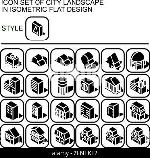 City landscape icon set in isometric flat design with white lines, black fills, shape of a shadow on a round square of black line and white fill backg Stock Vector