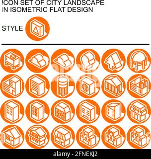 City landscape icon set in isometric flat design with orange lines, white fills, white outline, shape of a shadow of the white on a circle of orange l Stock Vector