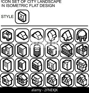 City landscape icon set in isometric flat design with black lines, white fills, black outline on a round square of black line and white fill backgroun Stock Vector