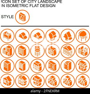 City landscape icon set in isometric flat design with white lines, orange fills on a circle of orange line and white fill background. Stock Vector