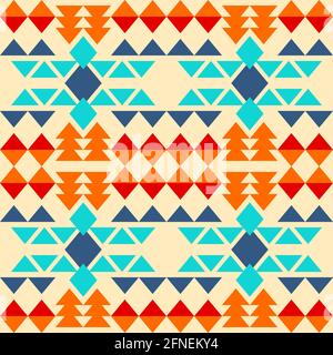 Native american seamless pattern of rhombus and triangle combinations in full color, blue, light blue, orange, red orange, cream background. Stock Vector