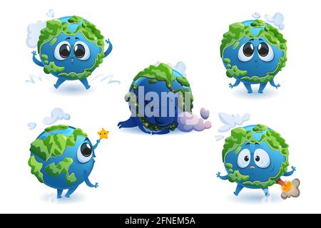 Earth cartoon character, cute funny planet with kawaii face and cloud at day or night, mascot rejoice, touching little star, sleep and shocked with volcano eruption and earthquake, Carton vector set Stock Vector