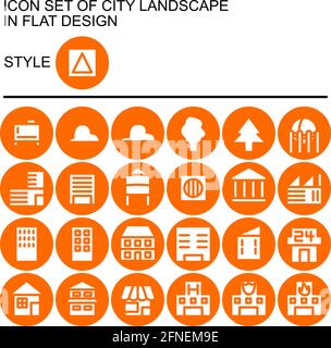 City landscape icon set in flat design with orange lines, white fills, on a circle of orange line and orange fill background. Stock Vector