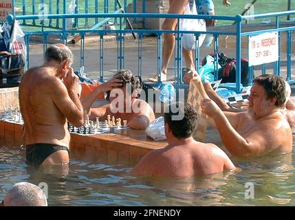 'Bathing fun in late autumn - The cold season has Europe firmly in its grip. All of Europe? - no, at least for the guests of the famous Seczeny thermal pool in Budapest this year's bathing season still seems to be in full swing. Thanks to constantly warm water temperatures, the pool is still bustling even on the most uncomfortable November days. Especially some of the most loyal regulars don't seem to waste any thought on the current calendar date even now - unaffected by wind and weather, they rather concentrate on their regular chess games. Waterproof pieces and boards are available to Stock Photo