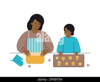 Vector isolated flat concept. Cozy leisure of african american family at home. Happy little daughter helps mother, puts gingerbread cookies on baking Stock Vector