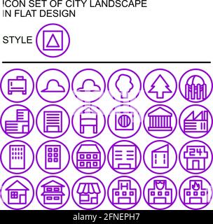 City landscape icon set in flat design with purple lines, white fills on a circle of purple line and white fill background. Stock Vector