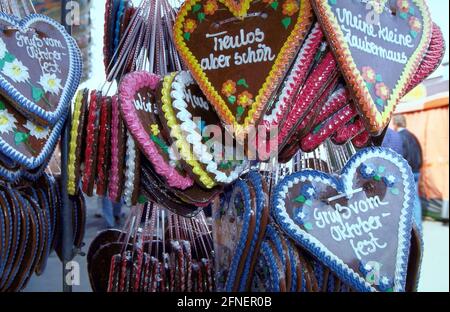 Gingerbread hearts at a stall at the Oktoberfest in Munich. [automated translation] Stock Photo