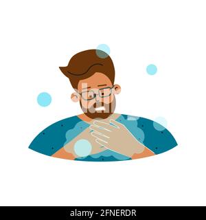 Vector flat isolated concept about guy with mental distress as obsessive-compulsive disorder. Caucasian man often feels compulsions to washing hand. H Stock Vector