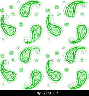 Traditional indian pattern known as paisley in seamless with green and white. Stock Vector
