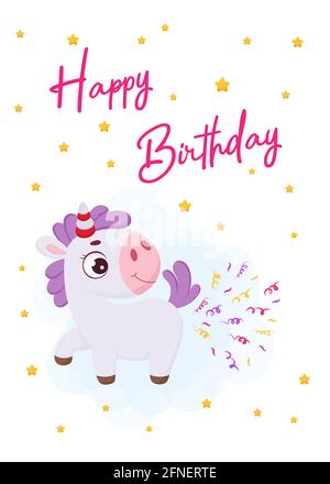 Happy Birthday printable party greeting card template with cute magical unicorn pooping confetti. Bright colored stock vector illustration Stock Vector