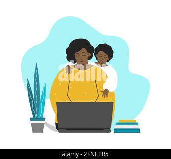 Vector flat illustration. African American daughter interrupts mother sitting and working on laptop. Difficulties of remote work and distant education Stock Vector