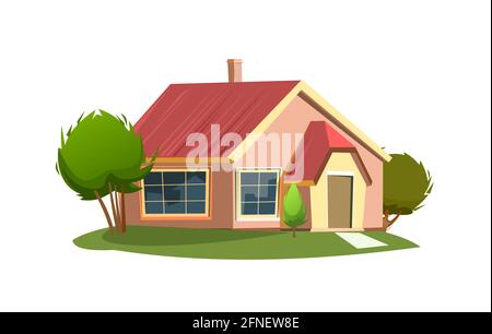 Rural house in the meadow. Half turn. Cheerful cartoon flat style. Isolated on white background. Gable roof. Small cozy suburban cottage with trees Stock Vector