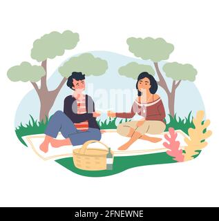 Romantic couple on picnic. Happy people sitting on blanket drinking wine, vector illustration. Summer outdoor leisure. Stock Vector
