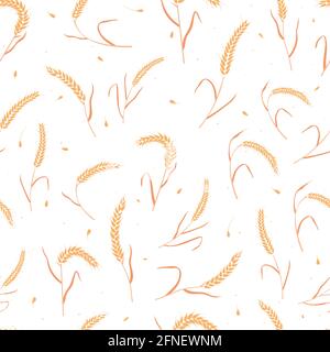Seamless pattern with whole grain seeds organic, natural ears isolated on white background. Stock Vector