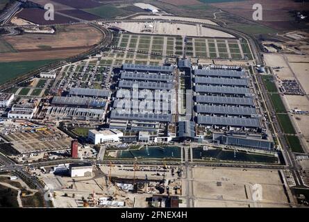 Aerial view of the New Munich Trade Fair Centre, with the tower of the former Munich-Riem Airport at the bottom left. [automated translation] Stock Photo