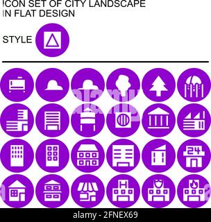 City landscape icon set in flat design with purple lines, white fills, on a circle of purple line and purple fill background. Stock Vector