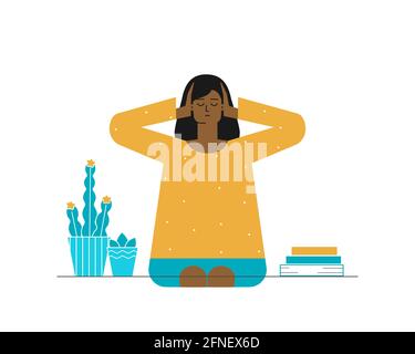 Vector flat concept. African american student sits at home closing ears by hands. Too much information noise is global problem of mental healt. Woman Stock Vector