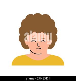 Vector flat isolated concept with portrait of cartoon character. Face of child. Avatar of preschool boy with frizzy curly brown hair, bright skin. Cut Stock Vector