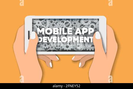 Mobile app development poster banner template, vector illustration Stock Vector