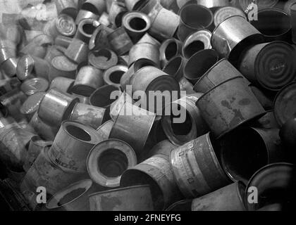 Empty Cyklon B cans in the Auschwitz camp. [automated translation] Stock Photo