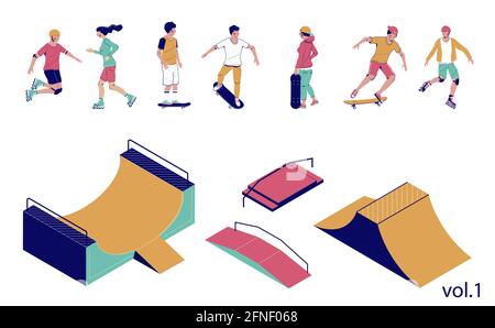 Skate park set, vector flat isometric illustration Stock Vector