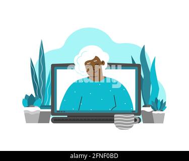 Vector isolated flat illustration with display of laptop and elderly african american grandmother on screen. Online chat with friends, family. Stock Vector