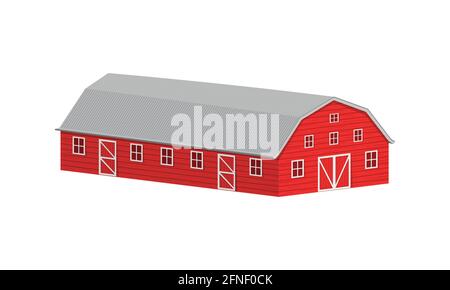 Wooden red barn with steel roof isometric projection. Farm warehouse building isolated on white background. Vector cartoon illustration. Stock Vector