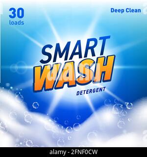 Detergent package design template with lens flare and realistic soap foam. Stock Vector