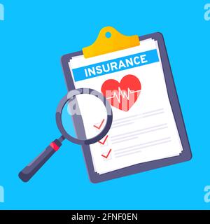 Clipboard with medical insurance claim form on it, paper sheets, pen isolated on blue background. Stock Vector