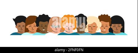 Vector flat isolated illustration with group portrait of cartoon children. Racial and Ethnic Diversity. Problem of tolerance and stop bullying at scho Stock Vector