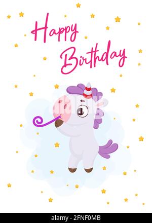 Happy Birthday printable party greeting card with cute magical unicorn with celebration pipe. Birthday party invitation card template. Bright colored Stock Vector