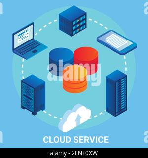 Cloud service flowchart, vector illustration. Isometric laptop computer, mobile phone, cloud computing server racks. Stock Vector