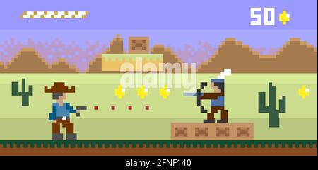 Pixel art western style shooter video game vector template Stock Vector