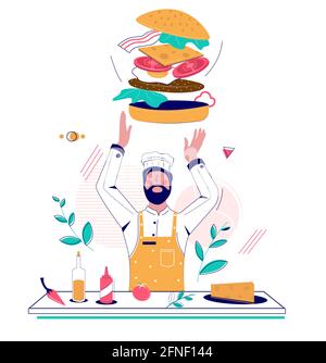 Burger making, vector flat style design illustration Stock Vector