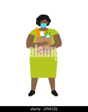 Vector flat illustration with body positive woman. She stands with paper bag for food. Chubby African American lady bought healthy fresh product Stock Vector
