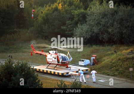 Rescue helicopter returning from a mission lands at St. Vinzentius Hospital in Steinhäuserstrasse, Karlruhe. [automated translation] Stock Photo