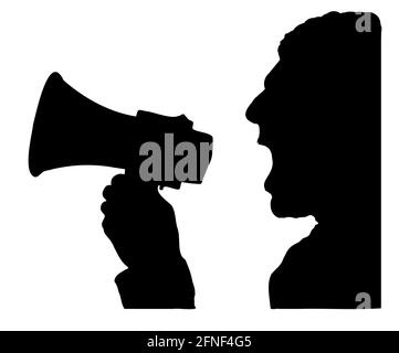 Man shouting into a megaphone loudspeaker face profile. Black grey on white background. Vector illustration. Stock Vector