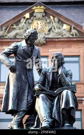 National monument of the Brothers Grimm in Hanau. It was inaugurated in 1896 and stands in front of the town hall. [automated translation] Stock Photo