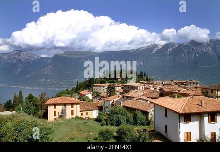 Lake Garda, Pieve di Tremosine, high above the lake. View of Monte Baldo with typical Italian landscape, 1997. [automated translation] Stock Photo